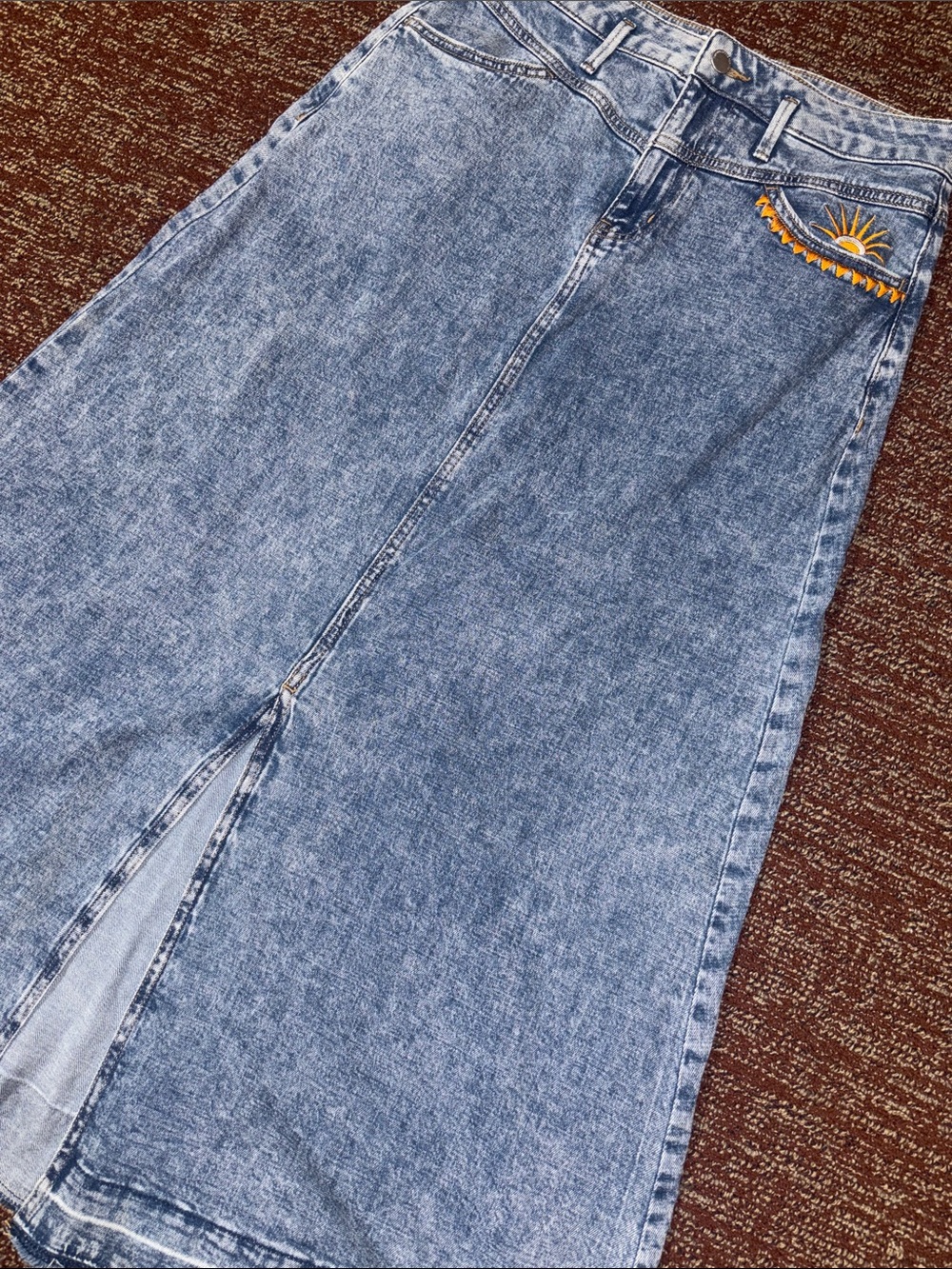 Y2k denim skirt embroidered pocket front slit stretch a line denim maxi large